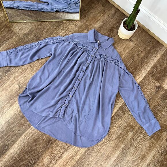 Free People Katie Bird Lace Crochet-Inset Long Sleeve Shirt - Picture 2 of 4